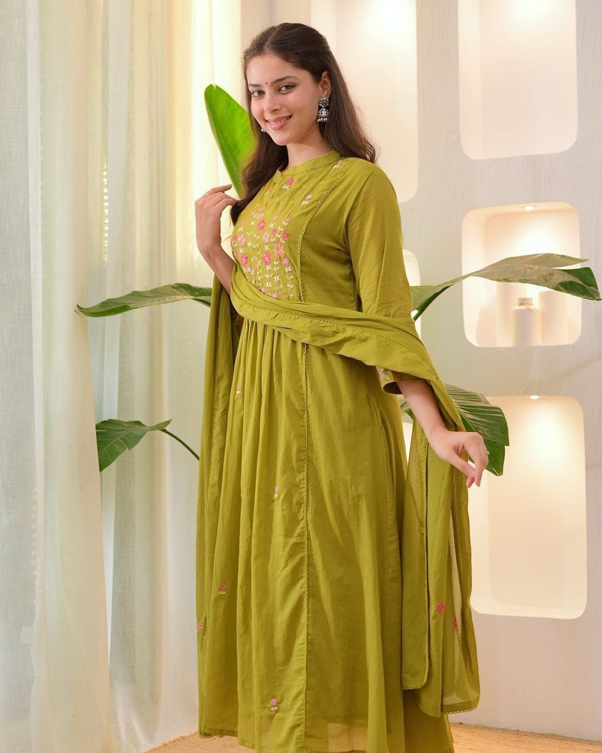 Green Cotton Embroidered Kurti Set with Pant & Dupatta